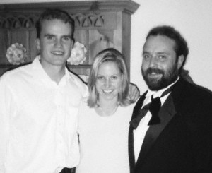 Nathan Daschle and Jill Gimmel at an engagement party in their honor with their friend Bruce Kieloch
