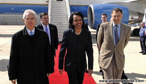 Secretary Rice at Ben Gurion Airport Tel Aviv with U.S. Ambassador to Israel, Richard H. Jones