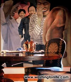 A contemporary painting by Chinese artist Yue Min-Jung in the breakfast room greets guests each morning