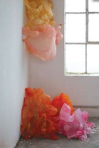 On the third level of "Here and Now," Lisa Kellner's organic, amorphous forms clung delicately to the rafters and walls