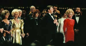 President and Mrs. Reagan at the 1985 Presidential Inaugural Gala with Barry H. Landau (far right), Dean Martin, Ray Charles, Frank Sinatra, Eva Gabor, Merv Griffin, Elizabeth Taylor, and Jimmy Stewart. (Photo courtesy of the Barry H. Landau Collection)