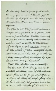 The speech Abraham Lincoln gave on the occasion of his reelection to office in November, 1864, will be auctioned at Christie’s New York on Feb. 12. (Courtesy of Christie’s Ltd.).