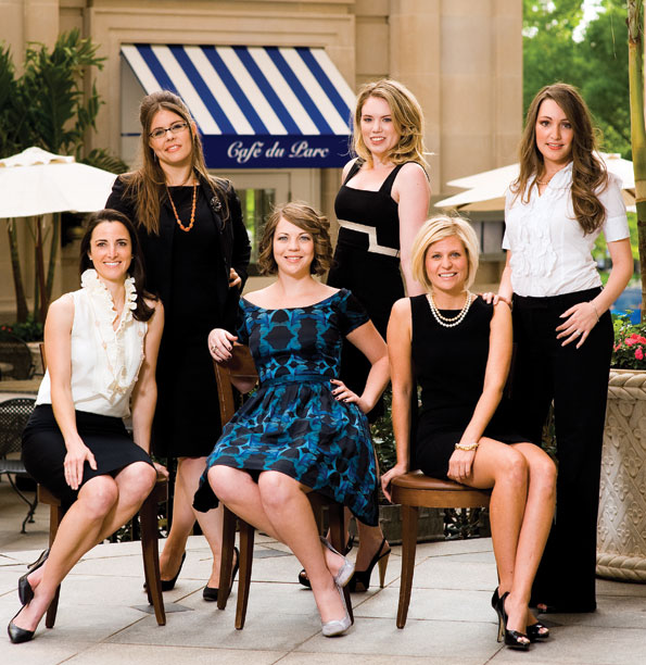 STANDING, FROM LEFT: Joy Langley, Generation O - The Washington National Opera; Catherine Eisenmann, Contemporaries - The Phillips Collection; Sara Lange, Jeté Society – The Washington Ballet. SEATED, FROM LEFT: Kate Stilwill, Young Benefactors - The Smithsonian Associates; Megan Harmon, 1869 Society - Corcoran Gallery of Art; Corrie Gilchrist, Young Founders Society - The Foundation for the National Archives. Photographed in the Willard Intercontinental Courtyard. 