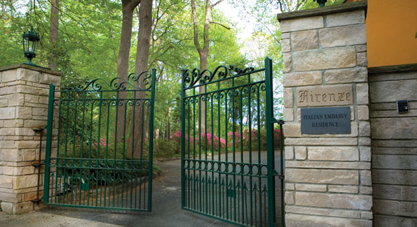 The gates of Villa Firenze open to Albemarle St. N.W.