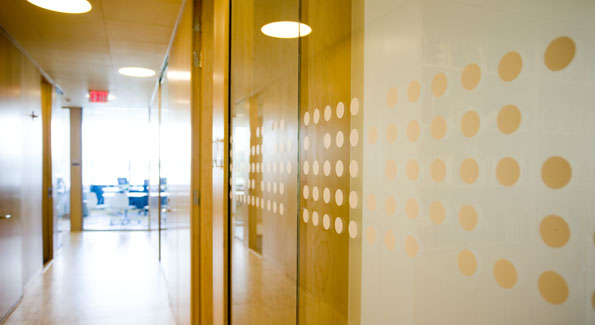 A hallway with the circular dot motif