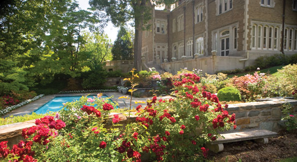 The residence, here in mid-summer splendor, sits on five lush acres of gardens that border Rock Creek Park with trees, flowers, birds and a swimming pool.  On July 14th every year, the French community is invited to celebrate Bastille Day. 