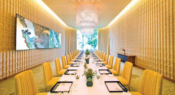The highlight of the main dining room, which can seat up to 60 guests, a screen painting by a well-known Japanese artist Matazo Kayama entitled "Four Seasons." Residence architect Isoya Yoshida mandated that each room have only one piece of art. 