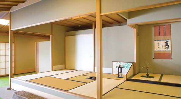 Inside the embassy's tea house where Mrs. Kato holds traditional tea ceremonies several times a year.  The straw "tatami" mats, the hanging scroll and the minimalist "ikebana" flower arrangement are common trademarks of Japanese tea rooms. 