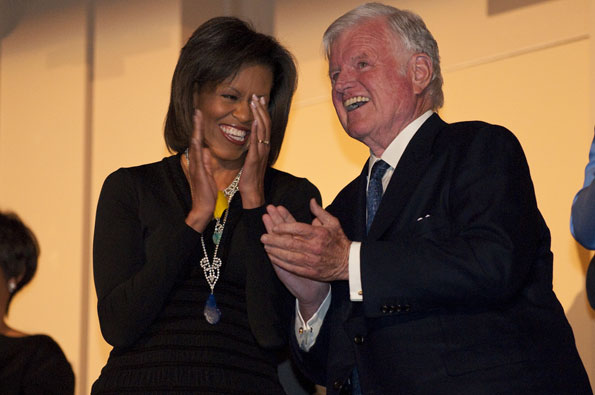 First Lady Michelle Obama and Senator Kennedy at his 2009 birthday celebration at the Kennedy Center. Photo by Margot Shulman.