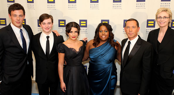The cast of "Glee" with HRC president Joe Solmonese (second from left)