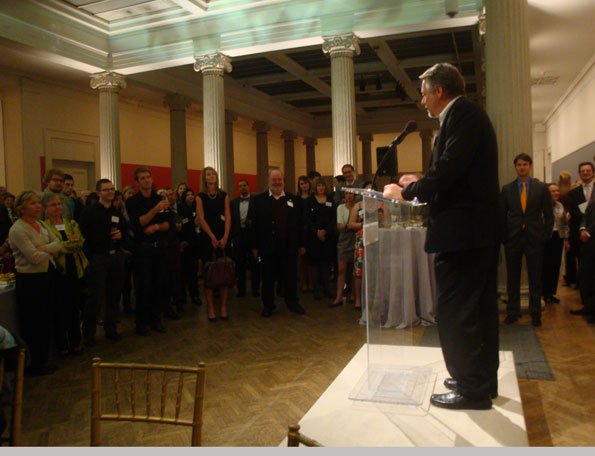 Edward Burtynsky speaking to visitors at the opening night reception of 'Edward Burtynsky: Oil'