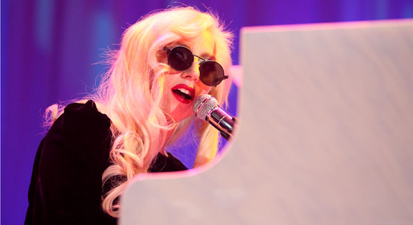 Lady Gaga tickles the ivories at the HRC gala last year. (Photo by Tony Powell)