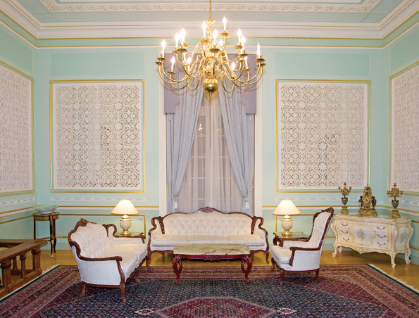 the West Parlor is also known as the Ganch Room, after the term for the mixture of gypsum and clay that master craftsmen use to carve intricate geometric designs. Reminiscent of lace or snowflakes, fine Uzbeki ganch decorates the mirrored panels in the 18th century English-style room