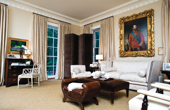 Dominated by an ornately framed portrait of Czar Alexander II and featuring a velvet folding screen once owned by the late Katharine Graham, this former ballroom is now a perfect space for contemporary entertaining.