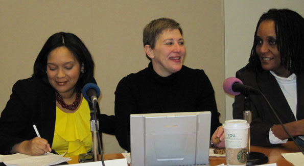 Nichole Lee, Donna Barry and Leonie Hermatin share their non-profit organizations' plans to assist Haitians in need. (Photo by Janice Kaplan)