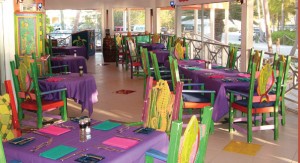 The colorful interior of Rum Pointe Restaurant.