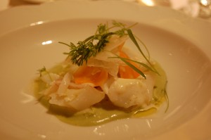 Chef Mezick's Olive Oil Poached Codfish served with two Hanzell Chardonnays was a lovely nod to springtime.