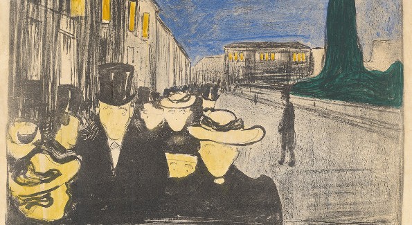 Cat. No. 8 / File Name: 3109-040.jpg Edvard Munch Evening on Karl Johan Street, 1895 lithograph in black with hand coloring on white thick wove paper Collection of Catherine Woodard and Nelson Blitz Jr. © Copyright Munch Museum/Munch Ellingsen Group/ARS, NY 2009