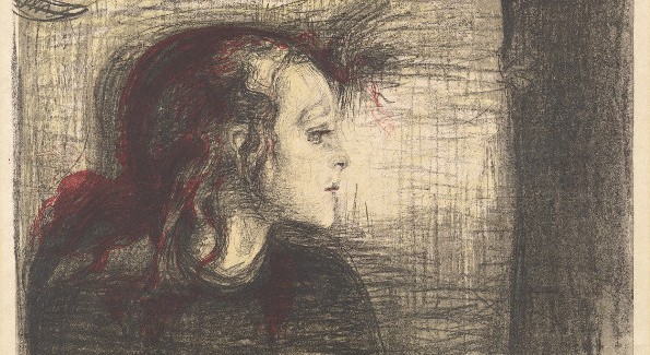 Cat. No. 32 / File Name: 3109-031.jpg Edvard Munch The Sick Child I, 1896/1897 color transfer lithograph in black, red, gray, and yellow on medium-weight golden Japan paper The Epstein Family Collection © Copyright Munch Museum/Munch Ellingsen Group/ARS, NY 2009