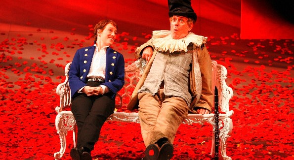 Samantha Soule as Viola and Floyd King as Feste in the Shakespeare Theatre Company’s 2008 production of Twelfth Night, directed by Rebecca Bayla Taichman.  Photo by Carol Rosegg.