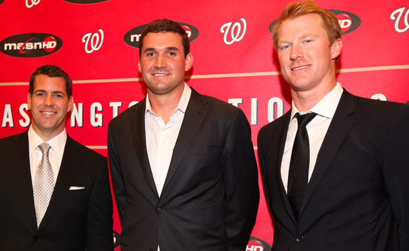 Ryan Zimmerman (center) with teammates Brodie van Wagenen and Tom Hagan at his "Night at the Park" benefit. Photo by Alfredo Flores.
