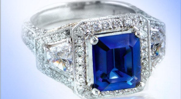 A blue sapphire engagement ring. Image by Adeler Jewelers.