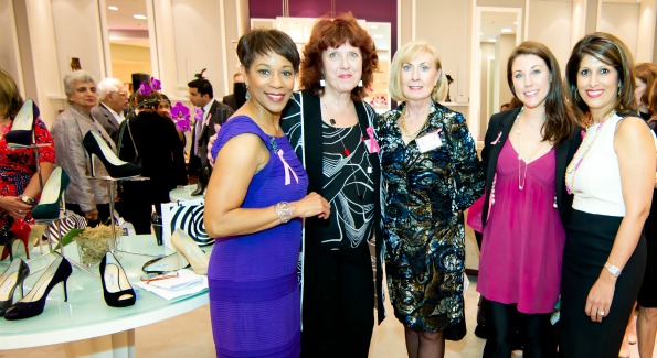 WUSA Morning News Anchor and Co-Emcee for the Treasure Presentation Andrea Roane, Joanne Royaltey from Life With Cancer, Host Committee Chair Rob Walker, Saks Tysons Marketing Director Heather Shaw Menis and WUSA Morning News personality and Co-Emcee Monika Samtani (Moshe Zusman Photography Studio)..