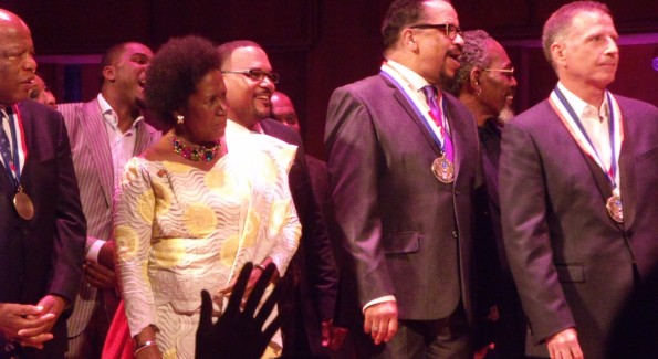 Congressman John Lewis, Bill Hearn, Congresswoman Shelia Jackson Lee and Richard Smallwood on stage during the presentation's finale at The Kennedy Center. (Photo by Patrick D. McCoy)