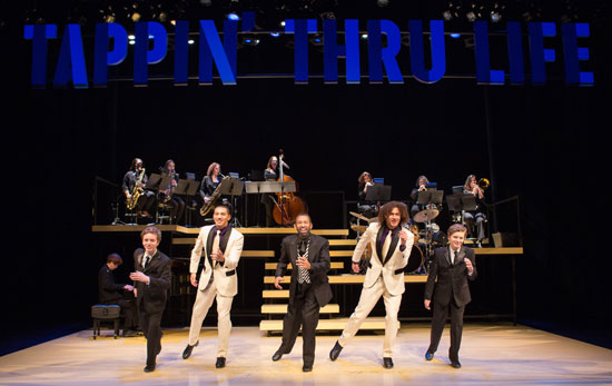 From left: Max Heimowitz, John Manzari, Maurice Hines, Leo Manzari and Sam Heimowitz, with members of the DIVA Jazz Orchestra, in 'Maurice Hines is Tappin’ Thru Life' at Arena Stage at the Mead Center for American Theater. (Photo by Teresa Wood)