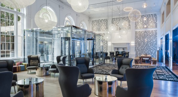 The sleek, modern lobby is a great spot to chat with friends, grab a drink or get some work done. Photo courtesy Radisson Blu.