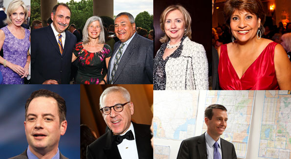 Clockwise from top left: Andrea Mitchell, David and Susan Axelrod with Tony Podesta, Hillary Clinton, Janet Murguia, David Plouffe, David Rubenstein, Reince Priebus (Photos by Tony Powell, Kyle Samperton and Flickr)