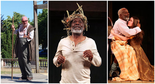 From left: John Stahl (Photo by Helena Miscioscia), Joseph Marcell (Photo by Ellie Kurttz), and Marcell and Bethan Cullinane (Photo by Ellie Kurttz) in Shakespeare Globe Theatre's 'King Lear' at Folger Theatre.