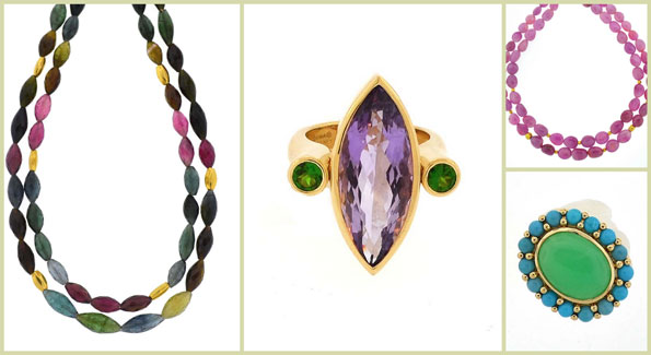 Dina Mackney designs from left: tourmaline double necklace, "Amy" chrome ring, pink sapphire necklace and turquoise and chrysoprase ring. (Courtesy photos)