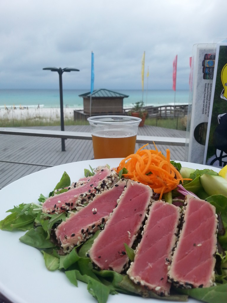 The sesame-crusted seared tuna salad with a local beer is a great lunch pick at Barefoot's. Photo courtesy Kelly Magyarics.