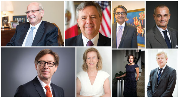 Clockwise from top left: Mike Moore - New Zealand, Eduardo Mora - Mexico, Jalil Abbas Jilani - Pakistan, Gerard Araud - France, Peter Wittig - Germany, Anne Anderson - Ireland, Maguy Maccario Doyle - Monaco (Photo by Tony Powell), Kare Aas - Norway (Photo by Yassine El Mansouri). (Photos courtesy of each embassy, except where noted). 