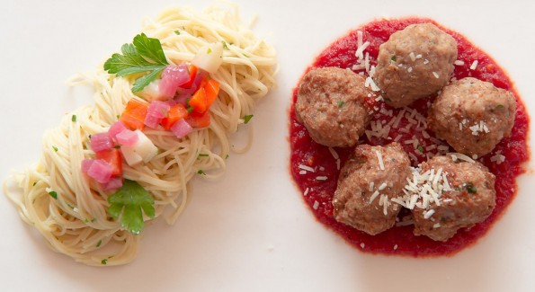 Pork and Veal Meatballs over seasonal vegetables and pasta: one of the entree options on härth's Foodie-in-Training menu. Photo courtesy of härth,