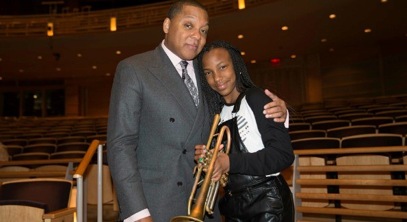 Wynton Marsalis and local student Aria Summers at The Music Center at Strathmore". (Photo by Robert Shanklin)