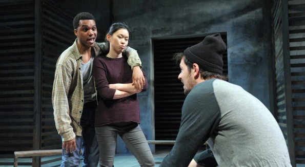 (L to R): DeLance Minefee, Jeena Yi and Ryan Barry in Woolly Mammoth's 'Lights Rise on Grace.' (Photo by Stan Barouh)