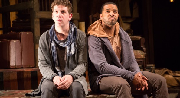 Guildenstern (Adam Wesley Brown, left) and Rosencrantz (Romell Witherspoon) try to figure out what their next plan of action will be in Rosencrantz and Guildenstern Are Dead. On stage at Folger Theatre, May 12 – June 21, 2015. Photo by Teresa Wood.