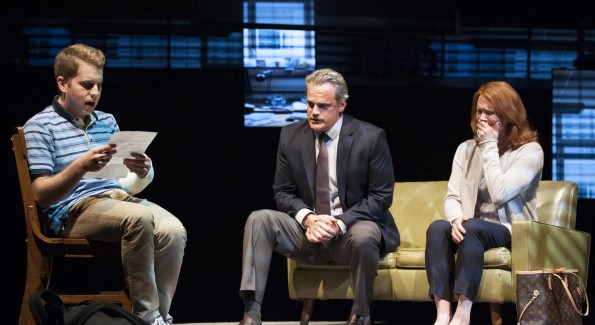 Ben Platt as Evan, Michael Park as Larry and Jennifer Laura Thompson as Cynthia in the world-premiere musical 'Dear Evan Hansen' at Arena Stage. (Photo by Margot Schulman)