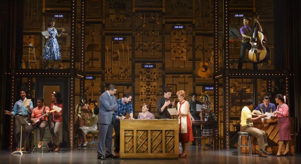 (l to r) Curt Bouril (“Don Kirshner”), Liam Tobin (“Gerry Goffin”), Abby Mueller (“Carole King”), Ben Fankhauser (“Barry Mann”), Becky Gulsvig (“Cynthia Weil”) and the Company of Beautiful. (Photo by Joan Marcus)