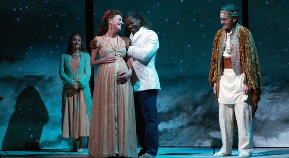 A blissful moment for parents-to-be Thaisa (Brooke Parks) and Pericles (Wayne T. Carr), with Lychordia (Emily Serdahl) and Simonides (Scott Ripley) looking on. Pericles is on stage at Folger Theatre, November 13 – December 20, 2015. (Photo by Teresa Wood)