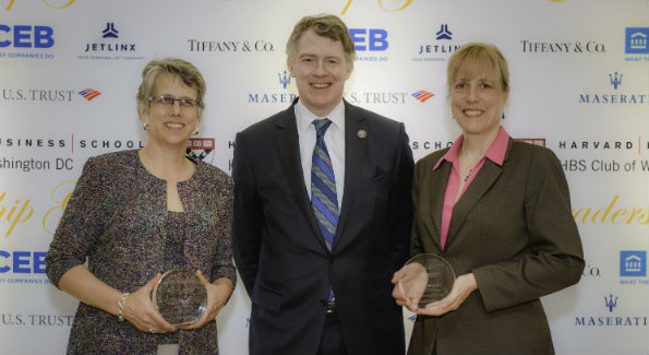 Tom Monohan with awardees Peg Hacskayklo and Jacqueline DeCarlo (Photo by Ben Droz)