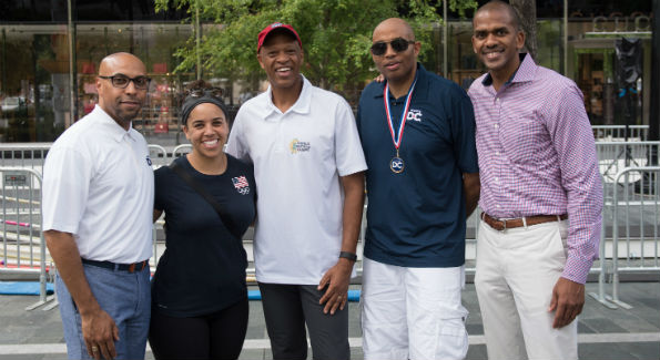 Erik A. Moses (Events DC, senior vice president and managing director), Cara Heads Slaughter (Olympic weight lifter), Willie Banks (Olympic Triple Jump world record holder), Derrick Mays (Events DC), Gregory A. O’Dell (Events DC, president and CEO)
