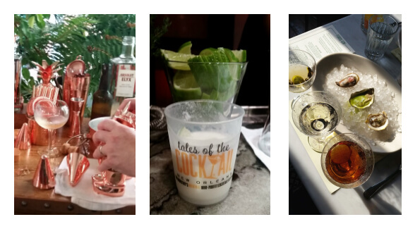 Left to right: Cocktails at Absolut's Elyx House, a Coconut Gimlet at the Martin Miller's Gin Explorer's Lounge, Ford's Gin Martinis and Oysters at Seaworthy. Photos courtesy of Kelly Magyarics.