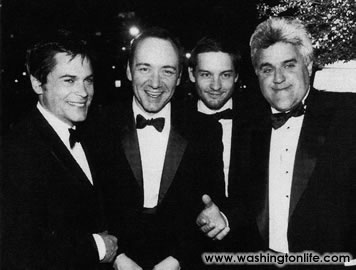 Rob Lowe, Kevin Spacey, Tobey Maguire and Jay Leno at the Bloomberg Party, 2000