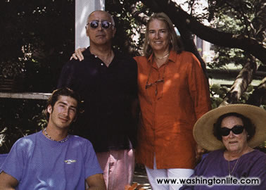 Joe and Victoria Mele with son Nick Mele and mother Oatsie Charles at their Newport residence, Wl feature, 2002